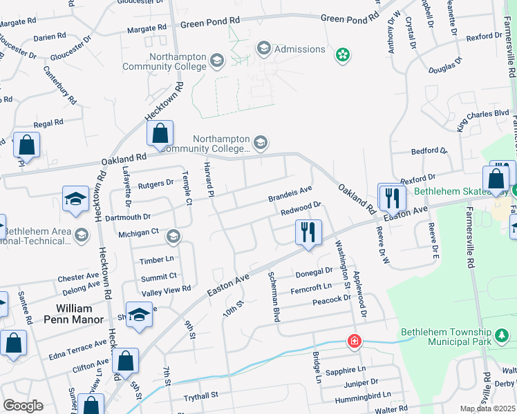 map of restaurants, bars, coffee shops, grocery stores, and more near 3850 Brandeis Avenue in Bethlehem