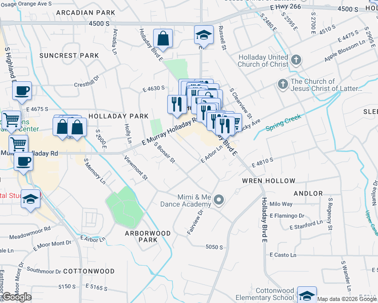 map of restaurants, bars, coffee shops, grocery stores, and more near 2220 East Murray Holladay Road in Holladay