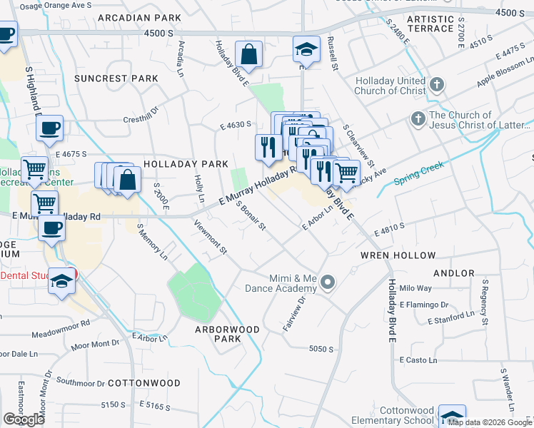 map of restaurants, bars, coffee shops, grocery stores, and more near 2220 East Murray Holladay Road in Holladay