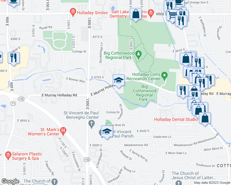 map of restaurants, bars, coffee shops, grocery stores, and more near 1458 East Murray Holladay Road in Holladay