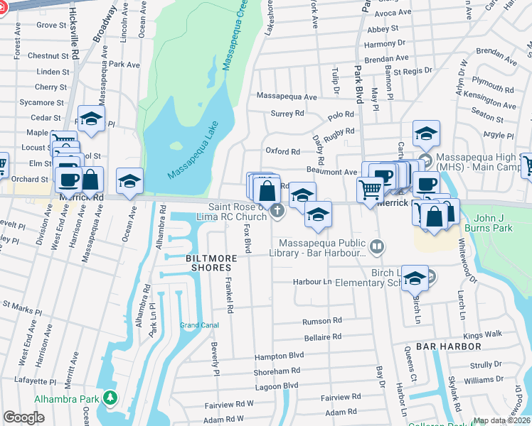 map of restaurants, bars, coffee shops, grocery stores, and more near 4657 Merrick Road in Massapequa