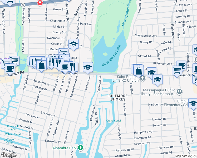 map of restaurants, bars, coffee shops, grocery stores, and more near 4460 Merrick Road in Massapequa