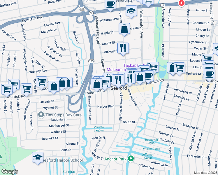 map of restaurants, bars, coffee shops, grocery stores, and more near 3836 Ray Street in Seaford