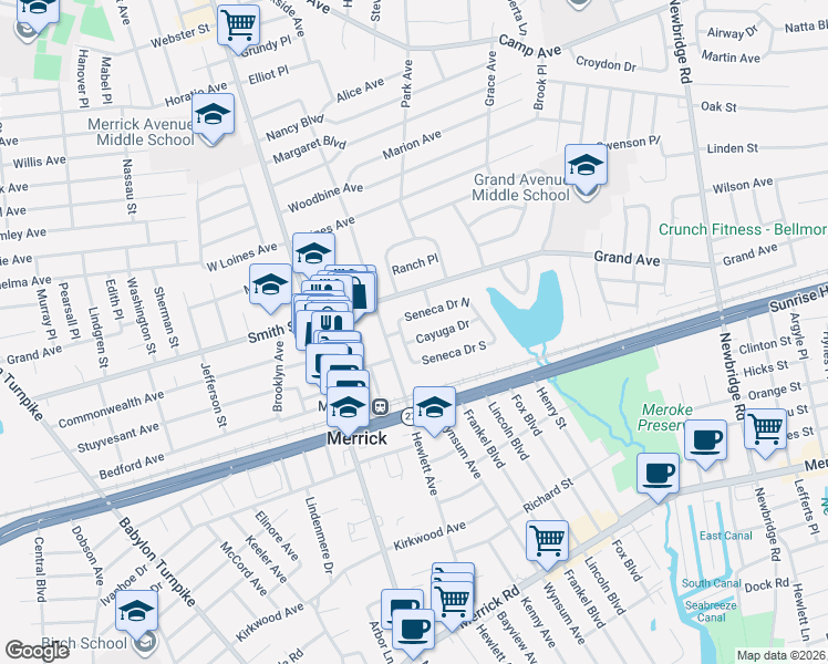map of restaurants, bars, coffee shops, grocery stores, and more near 2111 Seneca Drive North in Merrick