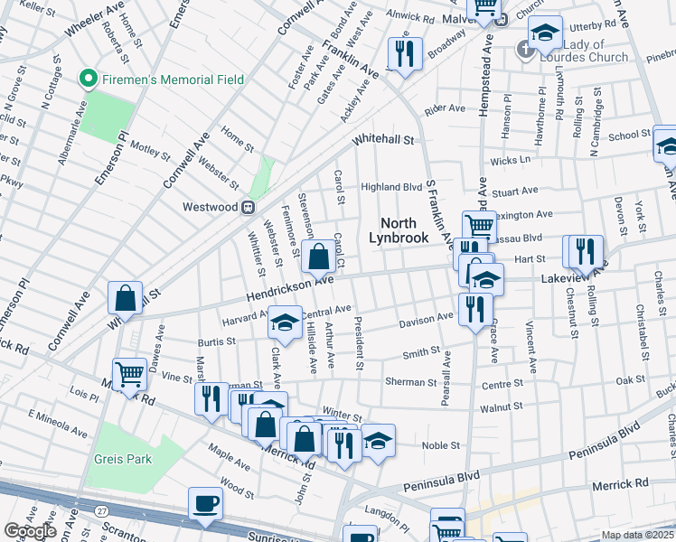 map of restaurants, bars, coffee shops, grocery stores, and more near 34 Lowell Street in Lynbrook