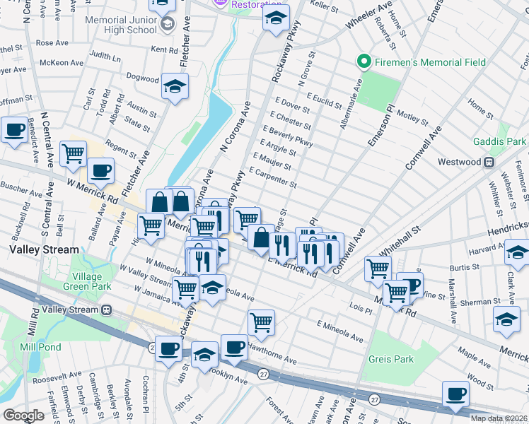 map of restaurants, bars, coffee shops, grocery stores, and more near 45 East Melrose Street in Valley Stream
