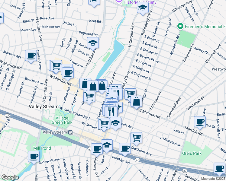 map of restaurants, bars, coffee shops, grocery stores, and more near 21 West Oxford Street in Valley Stream