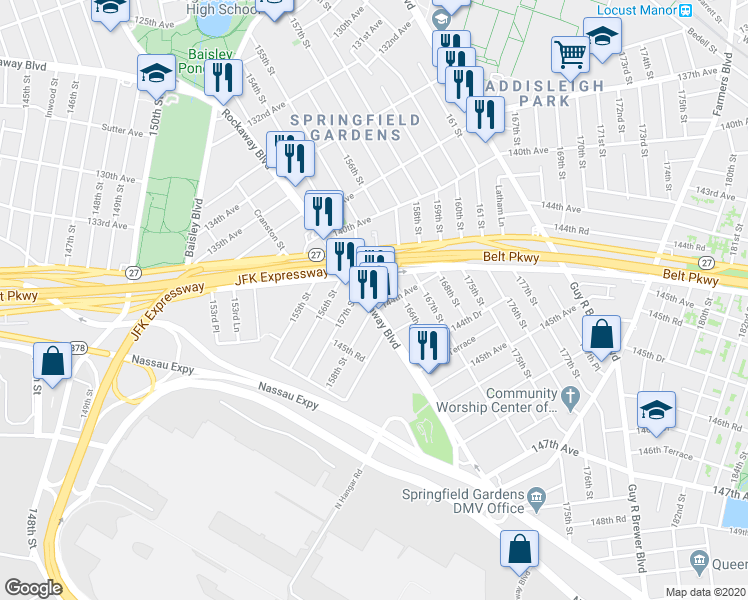 map of restaurants, bars, coffee shops, grocery stores, and more near 165-22 South Conduit Avenue in Queens