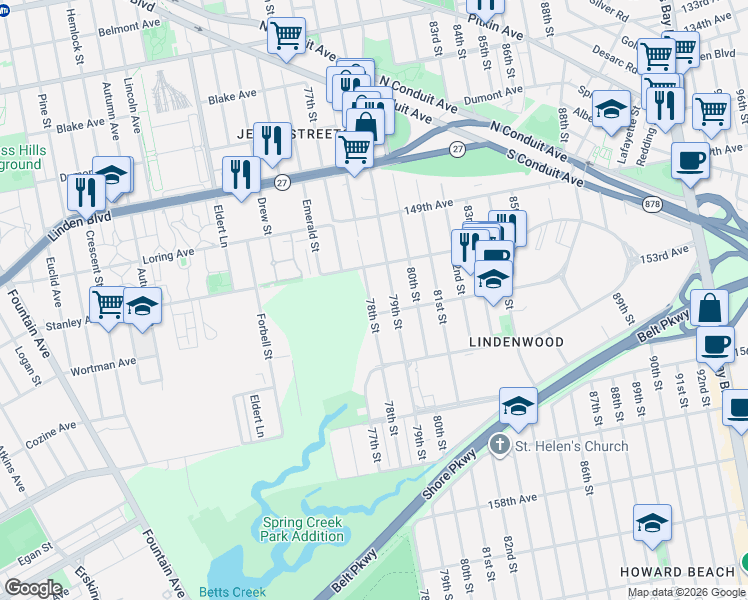 map of restaurants, bars, coffee shops, grocery stores, and more near 151-24 79th Street in Queens