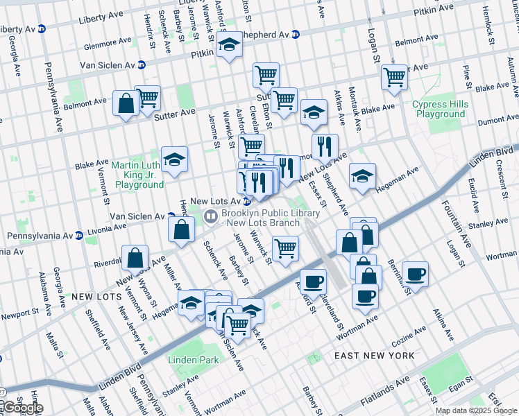 map of restaurants, bars, coffee shops, grocery stores, and more near 933 Livonia Avenue in Brooklyn