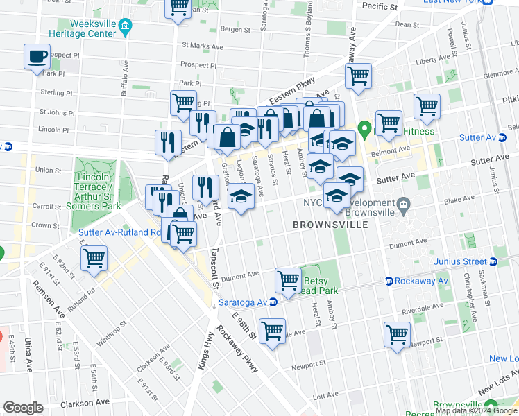 map of restaurants, bars, coffee shops, grocery stores, and more near 588 Saratoga Avenue in Brooklyn