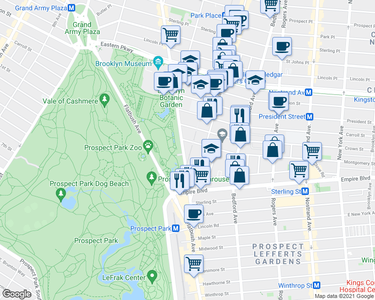 map of restaurants, bars, coffee shops, grocery stores, and more near 111 Montgomery Street in Brooklyn