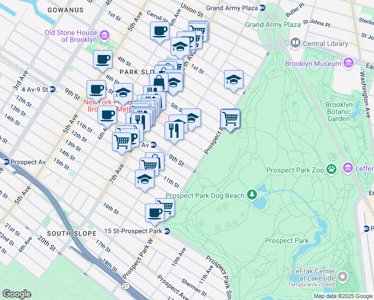 map of restaurants, bars, coffee shops, grocery stores, and more near 581 7th Street in Brooklyn