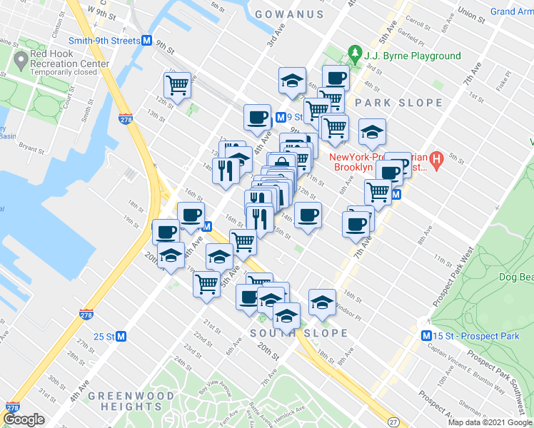 map of restaurants, bars, coffee shops, grocery stores, and more near 530 5th Avenue in Brooklyn