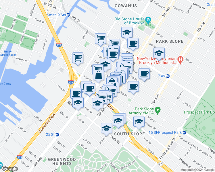 map of restaurants, bars, coffee shops, grocery stores, and more near 171 15th Street in Brooklyn