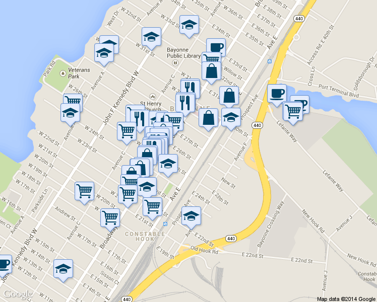 map of restaurants, bars, coffee shops, grocery stores, and more near 13 East 26th Street in Bayonne