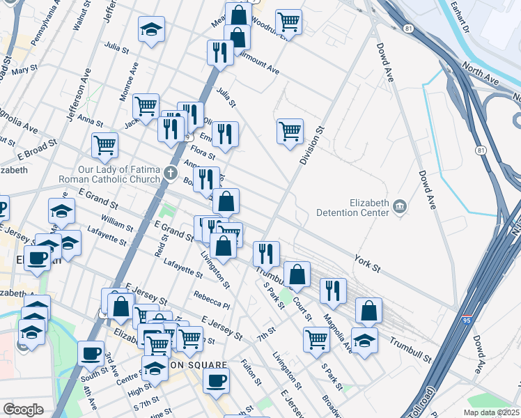 map of restaurants, bars, coffee shops, grocery stores, and more near 815 Anna Street in Elizabeth