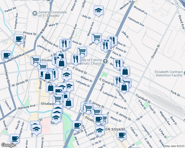 map of restaurants, bars, coffee shops, grocery stores, and more near 211 Catherine Street in Elizabeth