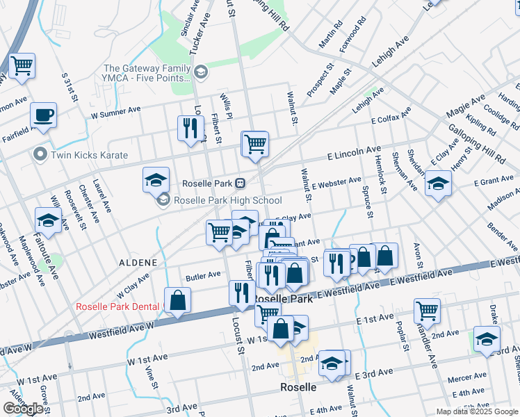 map of restaurants, bars, coffee shops, grocery stores, and more near 429 Chestnut Street in Roselle Park