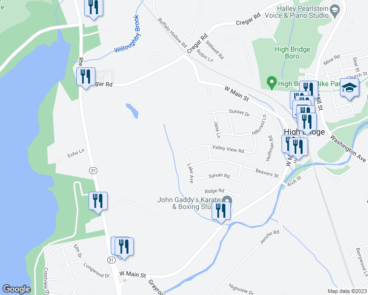 map of restaurants, bars, coffee shops, grocery stores, and more near 76 Valley View Road in High Bridge