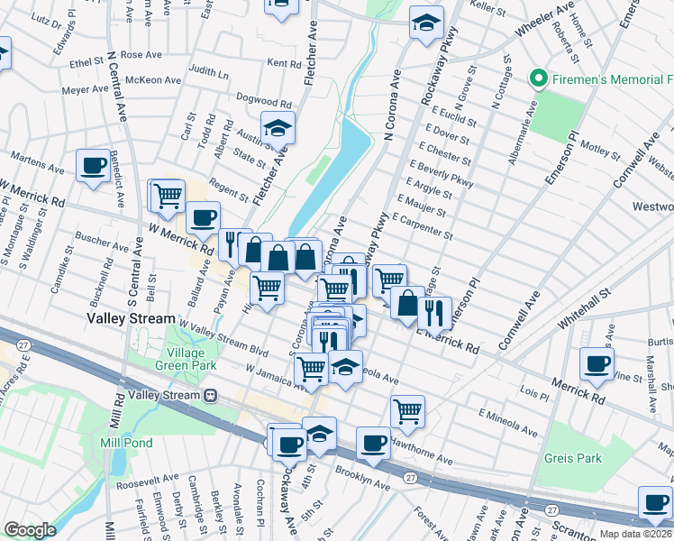 map of restaurants, bars, coffee shops, grocery stores, and more near 21 West Oxford Street in Valley Stream