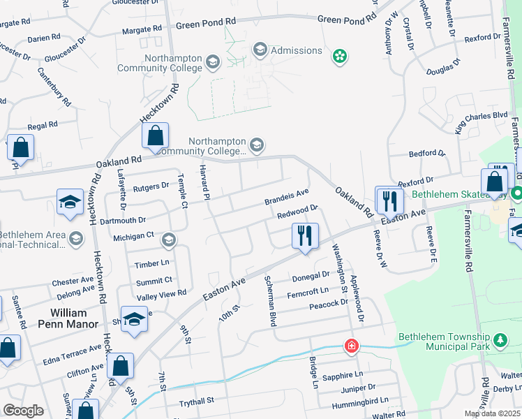 map of restaurants, bars, coffee shops, grocery stores, and more near 3860 Brandeis Avenue in Bethlehem