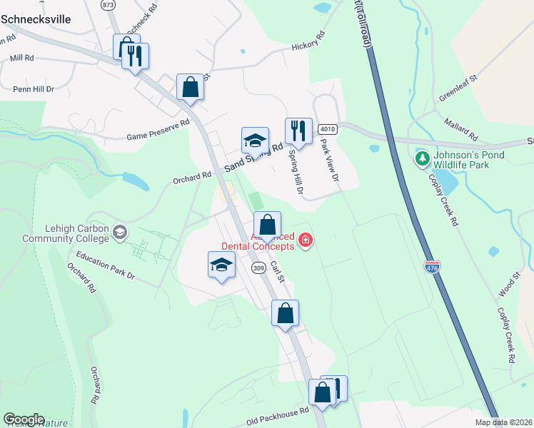 map of restaurants, bars, coffee shops, grocery stores, and more near 4342 Sand Spring Road in Schnecksville
