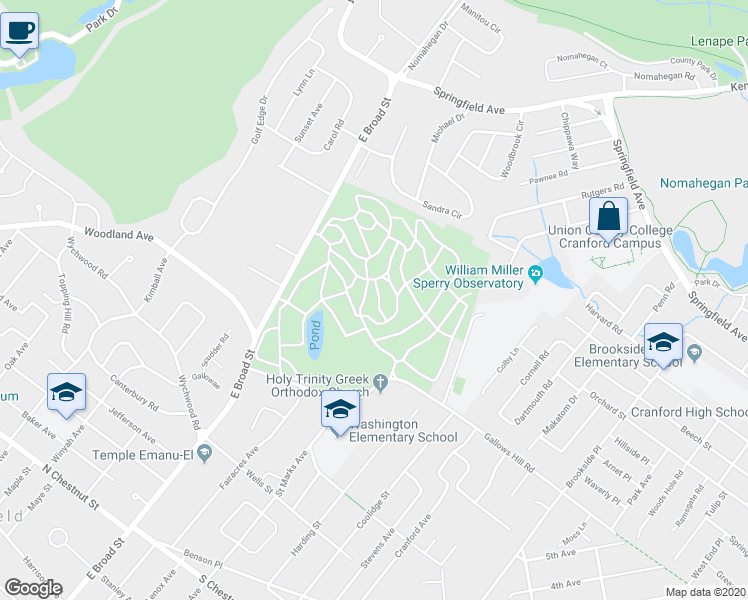 map of restaurants, bars, coffee shops, grocery stores, and more near 1100 East Broad Street in Westfield