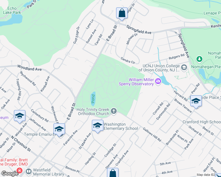 map of restaurants, bars, coffee shops, grocery stores, and more near 1100 East Broad Street in Westfield
