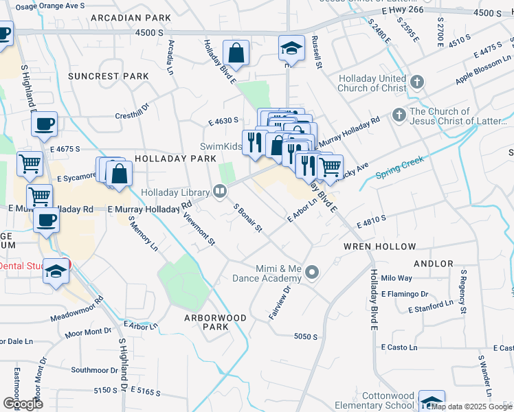 map of restaurants, bars, coffee shops, grocery stores, and more near 2220 East Murray Holladay Road in Holladay