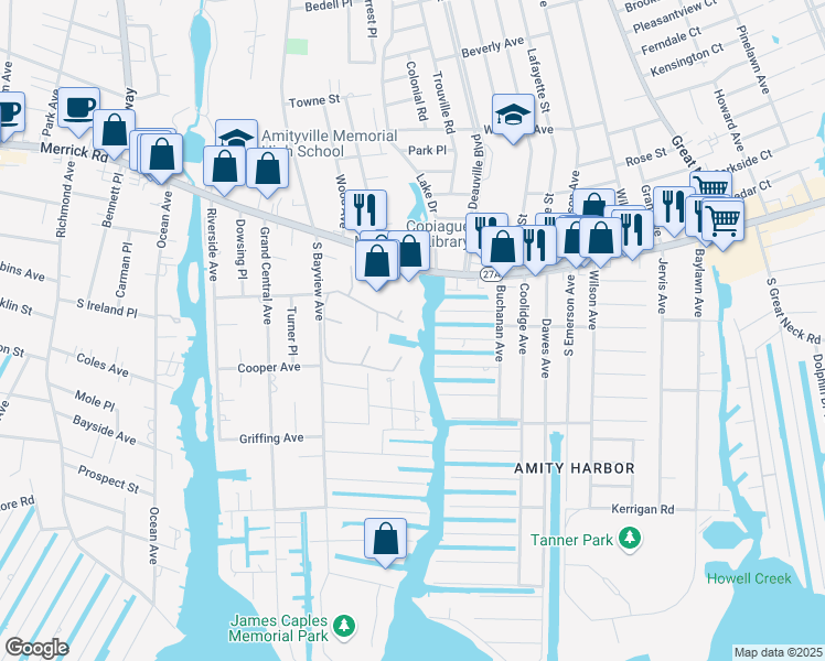 map of restaurants, bars, coffee shops, grocery stores, and more near 17 Harbor South in Amityville