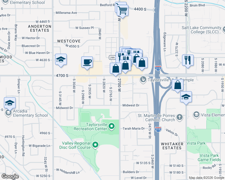 map of restaurants, bars, coffee shops, grocery stores, and more near 2752 West Santex Circle in Taylorsville