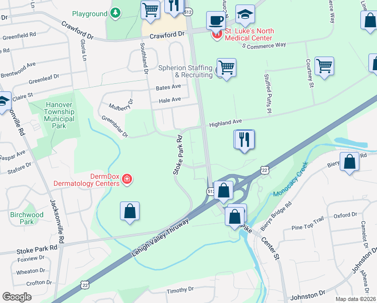 map of restaurants, bars, coffee shops, grocery stores, and more near 36 Stoke Park Road in Bethlehem