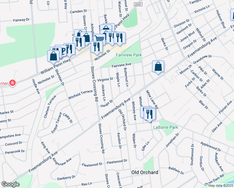 map of restaurants, bars, coffee shops, grocery stores, and more near 3701 Haupt Street in Easton