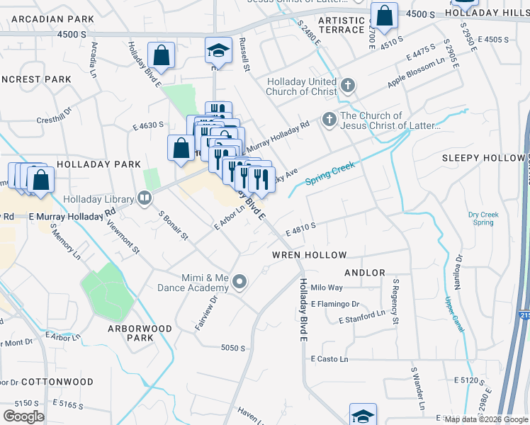 map of restaurants, bars, coffee shops, grocery stores, and more near 4769 Holladay Boulevard east in Holladay