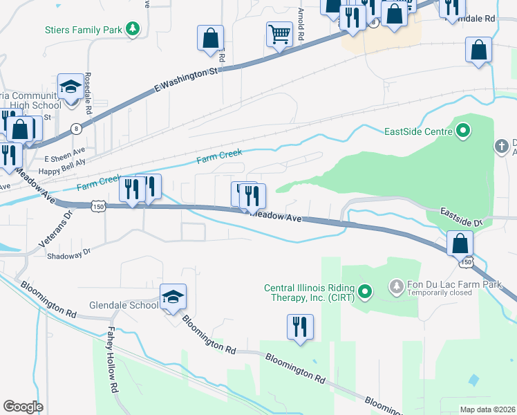 map of restaurants, bars, coffee shops, grocery stores, and more near 807 Meadow Avenue in East Peoria