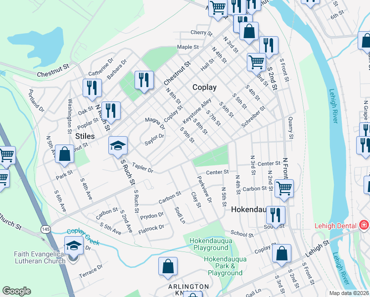 map of restaurants, bars, coffee shops, grocery stores, and more near 110 South 9th Street in Coplay