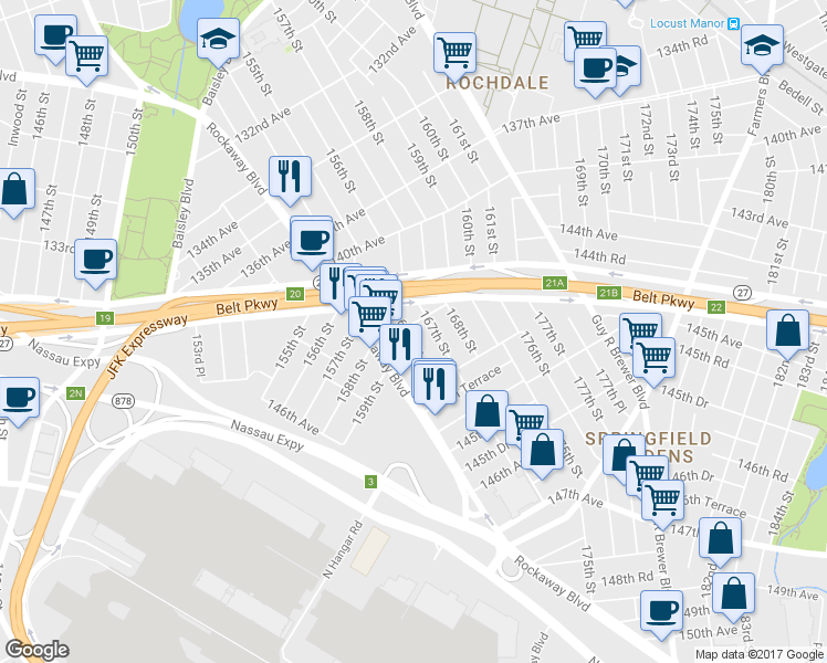 map of restaurants, bars, coffee shops, grocery stores, and more near 166-04 144th Avenue in Queens