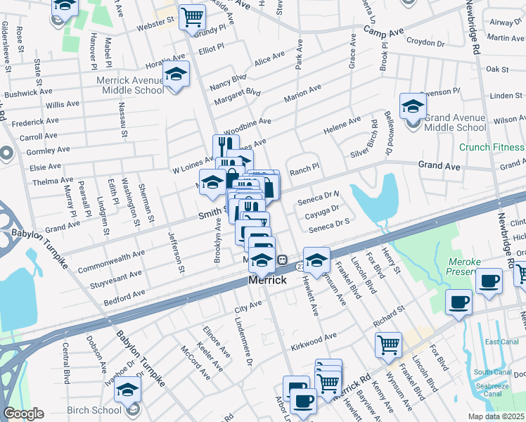 map of restaurants, bars, coffee shops, grocery stores, and more near 2031-2049 Smith Street in Merrick