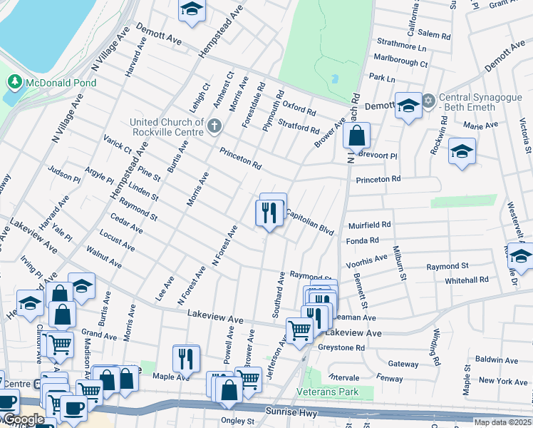map of restaurants, bars, coffee shops, grocery stores, and more near 39 Capitolian Boulevard in Rockville Centre