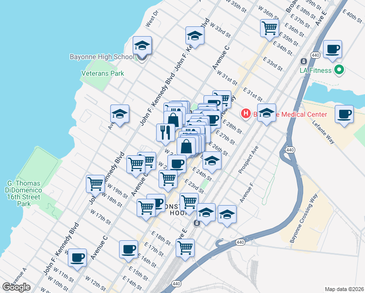 map of restaurants, bars, coffee shops, grocery stores, and more near 22 West 25th Street in Bayonne