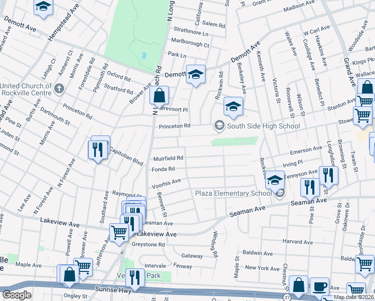 map of restaurants, bars, coffee shops, grocery stores, and more near 69 Hampshire Road in Rockville Centre