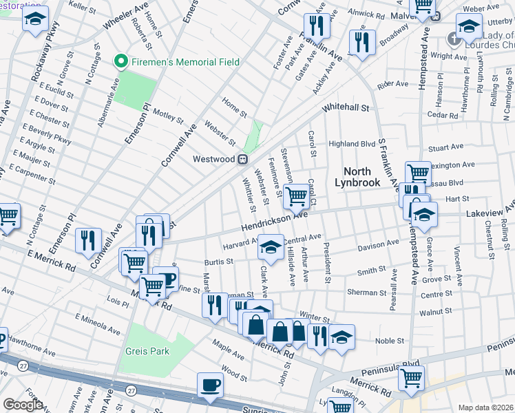 map of restaurants, bars, coffee shops, grocery stores, and more near 37 Webster Street in Lynbrook