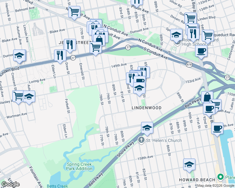 map of restaurants, bars, coffee shops, grocery stores, and more near 151-27 80th Street in Queens