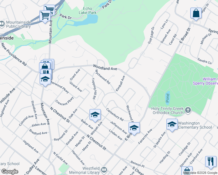 map of restaurants, bars, coffee shops, grocery stores, and more near 425 Wychwood Road in Westfield