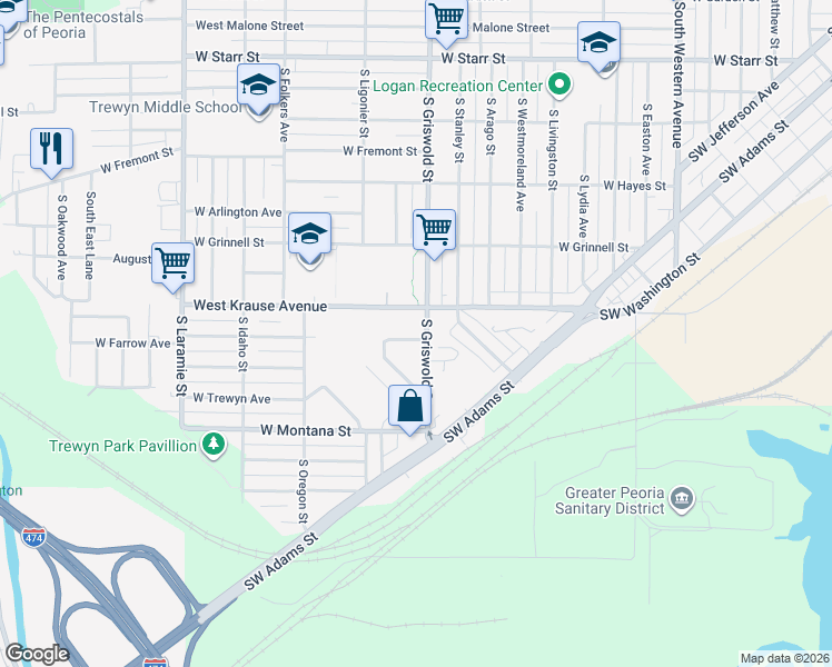 map of restaurants, bars, coffee shops, grocery stores, and more near 2520 West Krause Avenue in Peoria