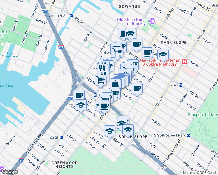map of restaurants, bars, coffee shops, grocery stores, and more near 171 15th Street in Brooklyn