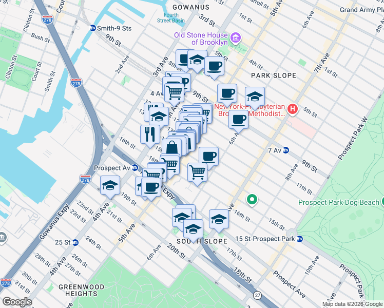 map of restaurants, bars, coffee shops, grocery stores, and more near 261 14th Street in Brooklyn