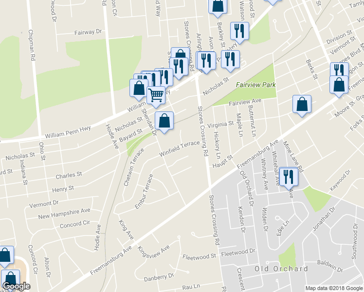 map of restaurants, bars, coffee shops, grocery stores, and more near 4056 Winfield Terrace in Easton
