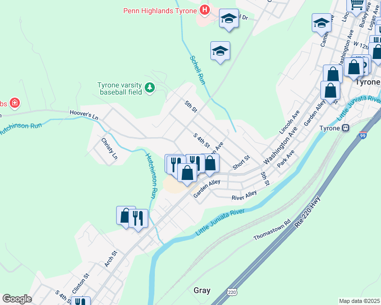 map of restaurants, bars, coffee shops, grocery stores, and more near 508 3rd Street in Tyrone